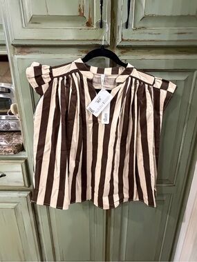 glam Brown & Cream Vertical Stripe Flutter Sleeve Top